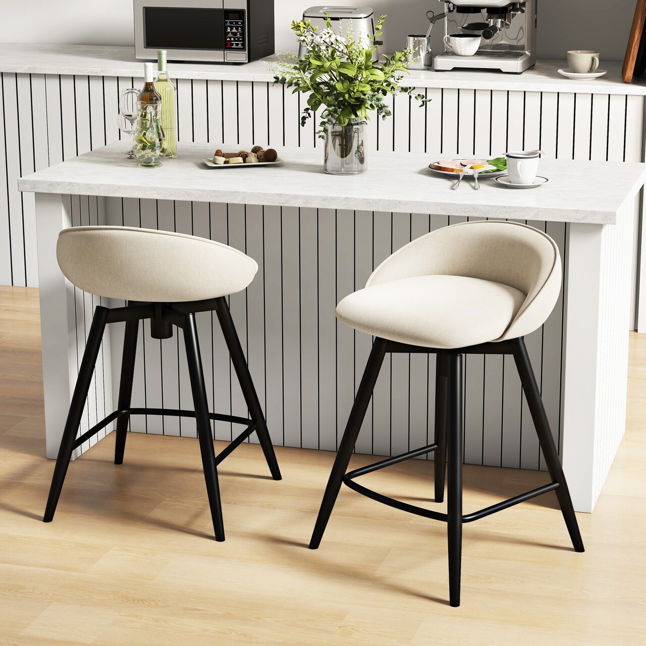 Set of 2 Upholstered Bar Stools with Footrest and Backrest for Kitchen Island